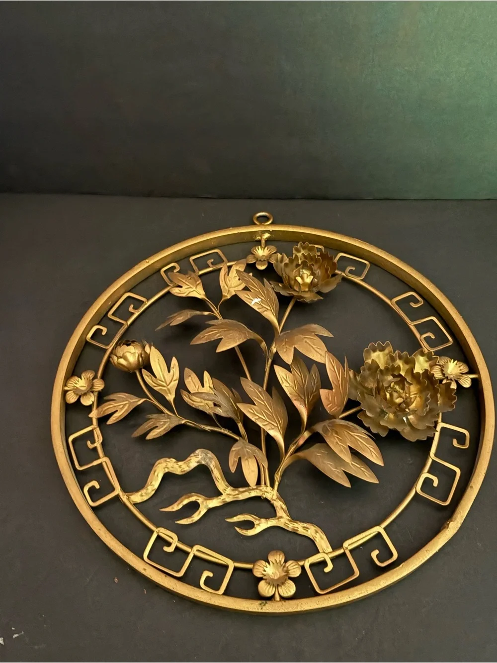 Vintage MCM Gold Metal 3D Floral Round Wall Plaque Asian Chinoiserie 12”